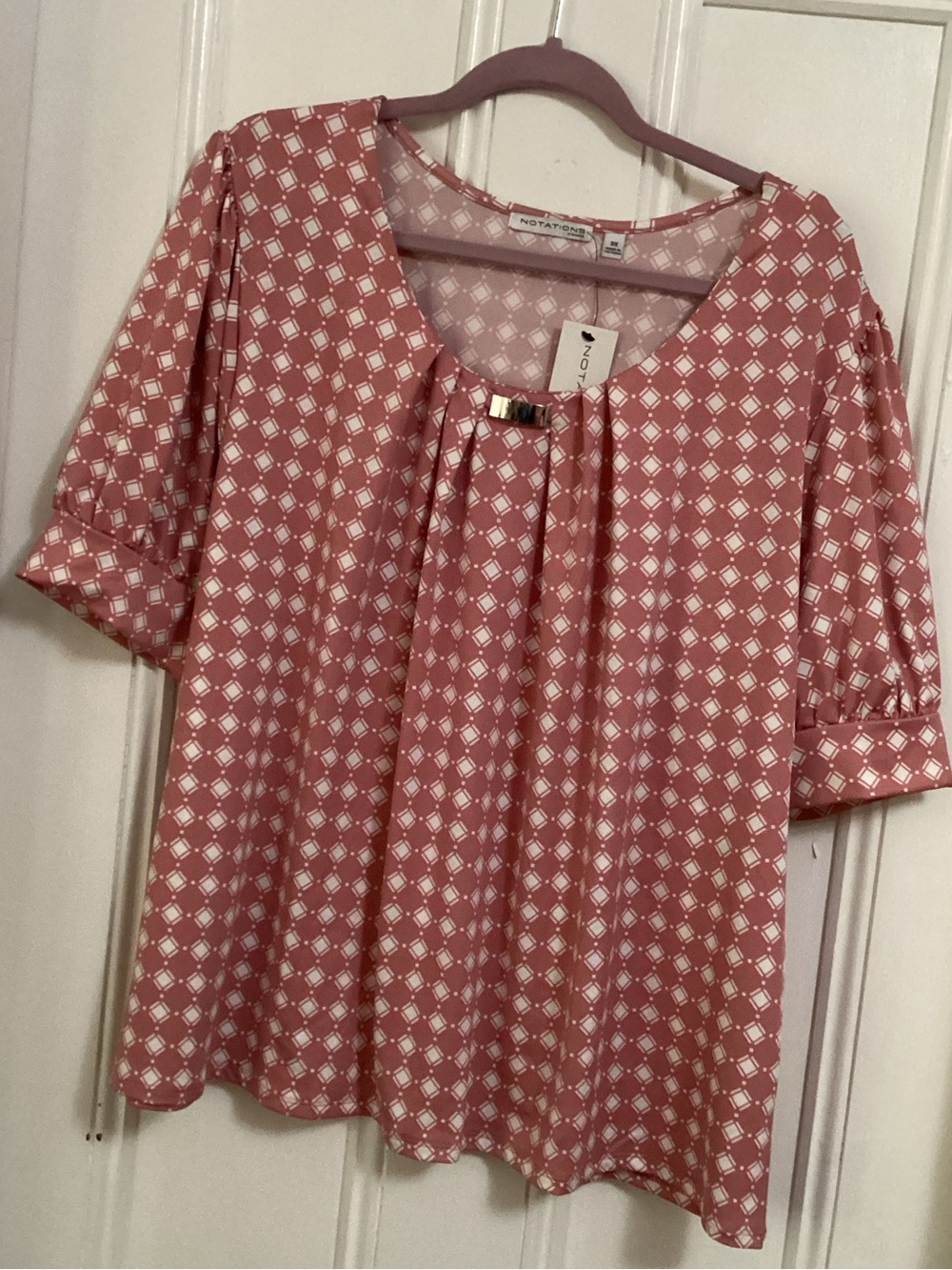 Notations Rose-Pink Geometric Pleat-Front Blouse with Gold Accent